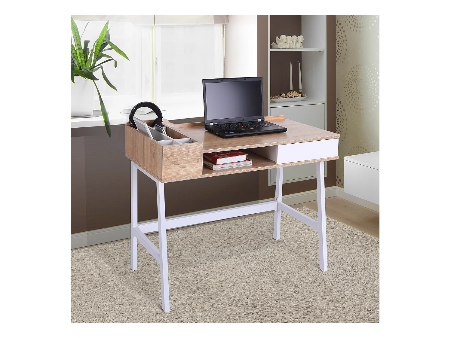 Bureau informatique multi-rangement style contemporain dim. 100L x 55l x 82H cm métal blanc MDF chêne clair