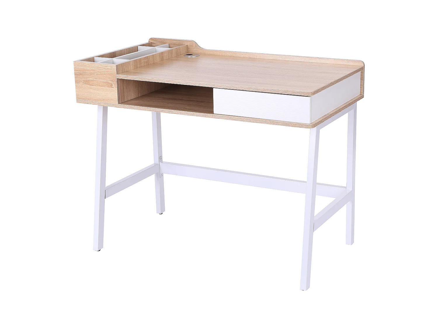 Bureau informatique multi-rangement style contemporain dim. 100L x 55l x 82H cm métal blanc MDF chêne clair