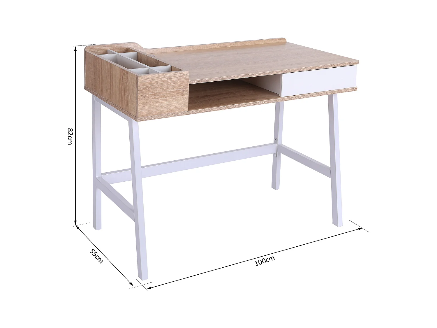 Bureau informatique multi-rangement style contemporain dim. 100L x 55l x 82H cm métal blanc MDF chêne clair