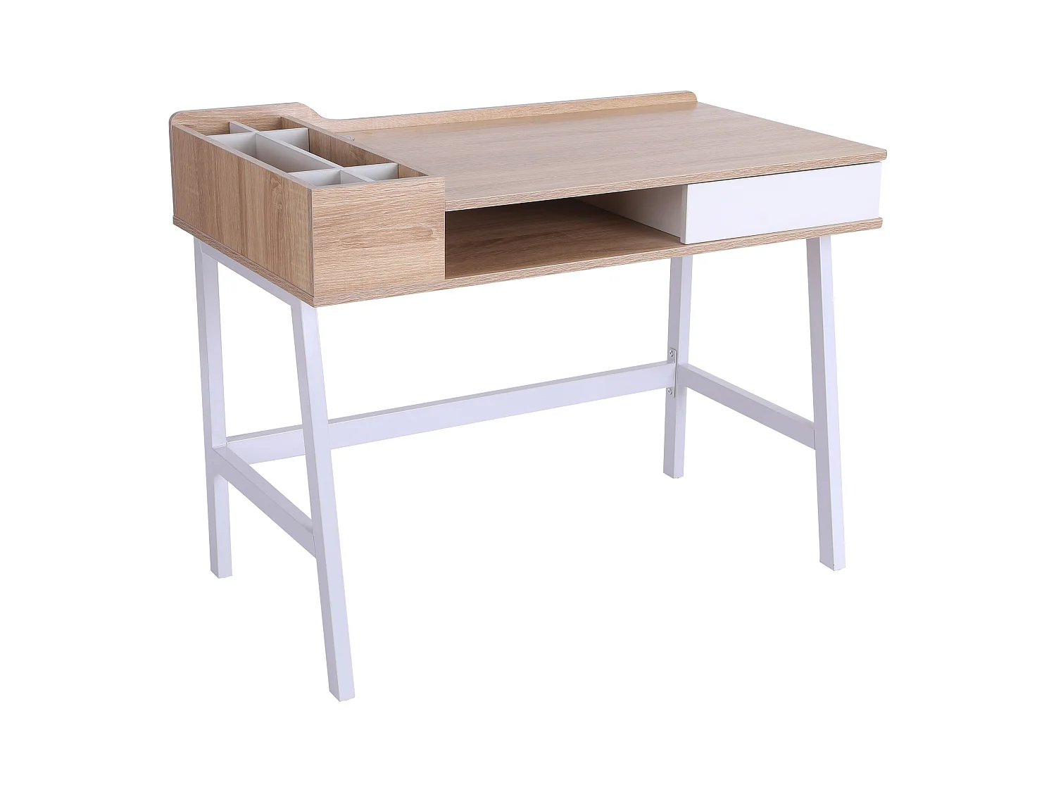 Bureau informatique multi-rangement style contemporain dim. 100L x 55l x 82H cm métal blanc MDF chêne clair