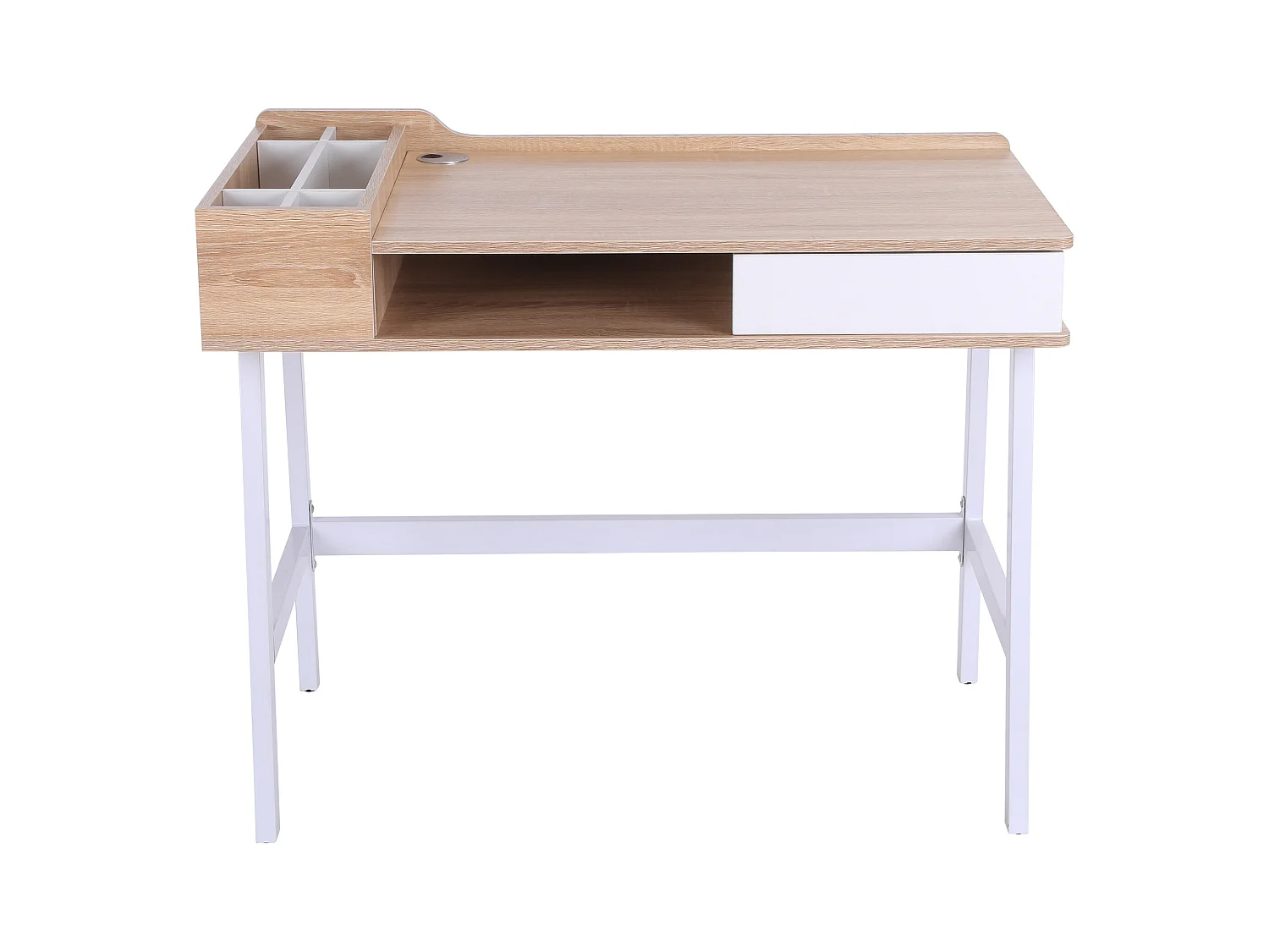 Bureau informatique multi-rangement style contemporain dim. 100L x 55l x 82H cm métal blanc MDF chêne clair