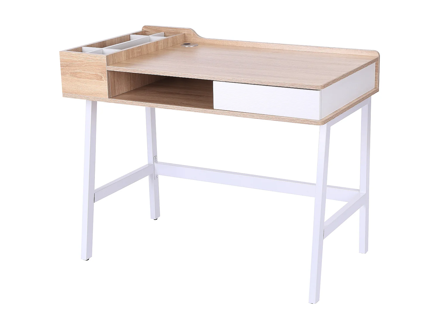 Bureau informatique multi-rangement style contemporain dim. 100L x 55l x 82H cm métal blanc MDF chêne clair