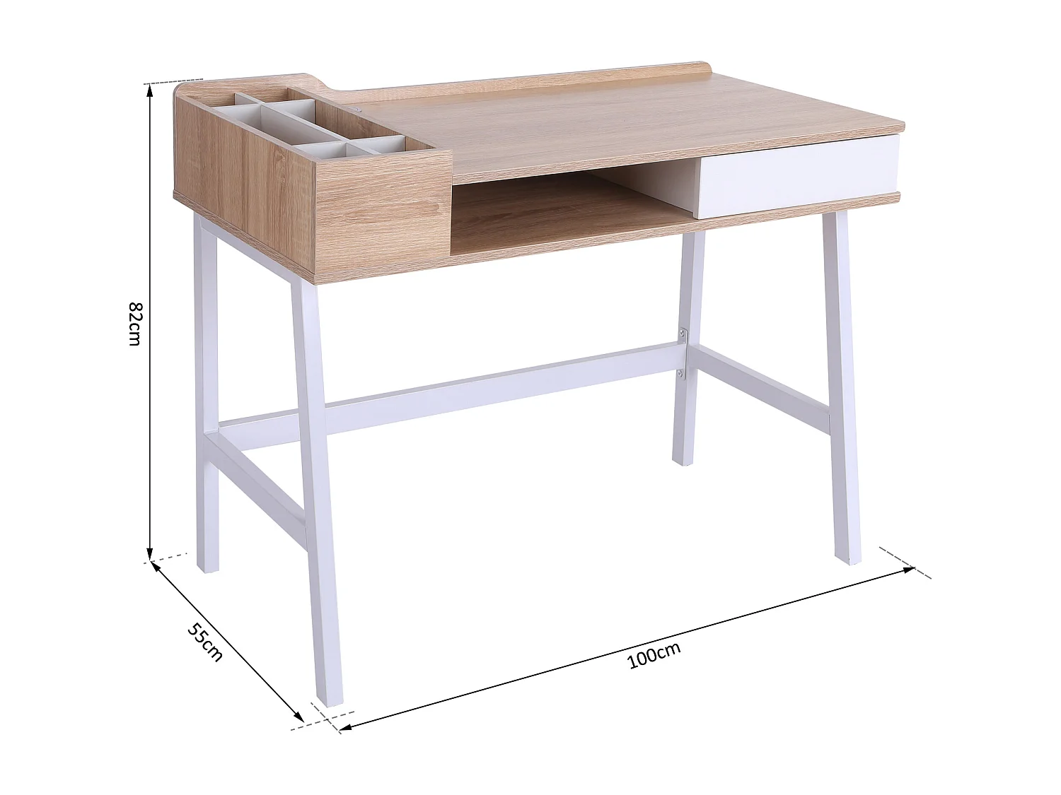 Bureau informatique multi-rangement style contemporain dim. 100L x 55l x 82H cm métal blanc MDF chêne clair