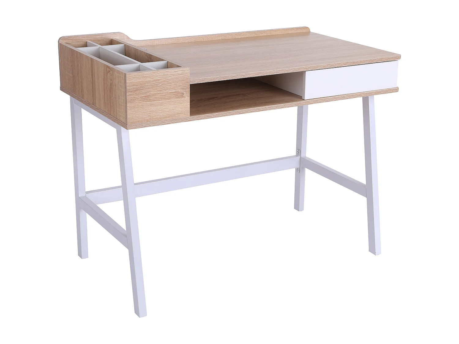 Bureau informatique multi-rangement style contemporain dim. 100L x 55l x 82H cm métal blanc MDF chêne clair