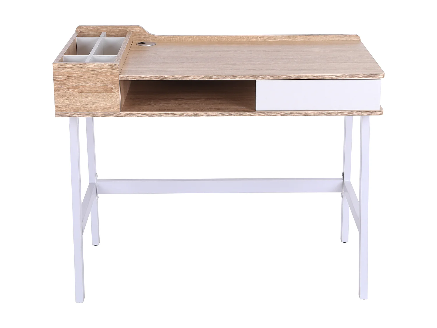 Bureau informatique multi-rangement style contemporain dim. 100L x 55l x 82H cm métal blanc MDF chêne clair