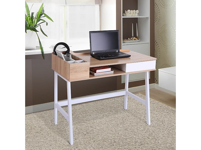 Bureau informatique multi-rangement style contemporain dim. 100L x 55l x 82H cm métal blanc MDF chêne clair