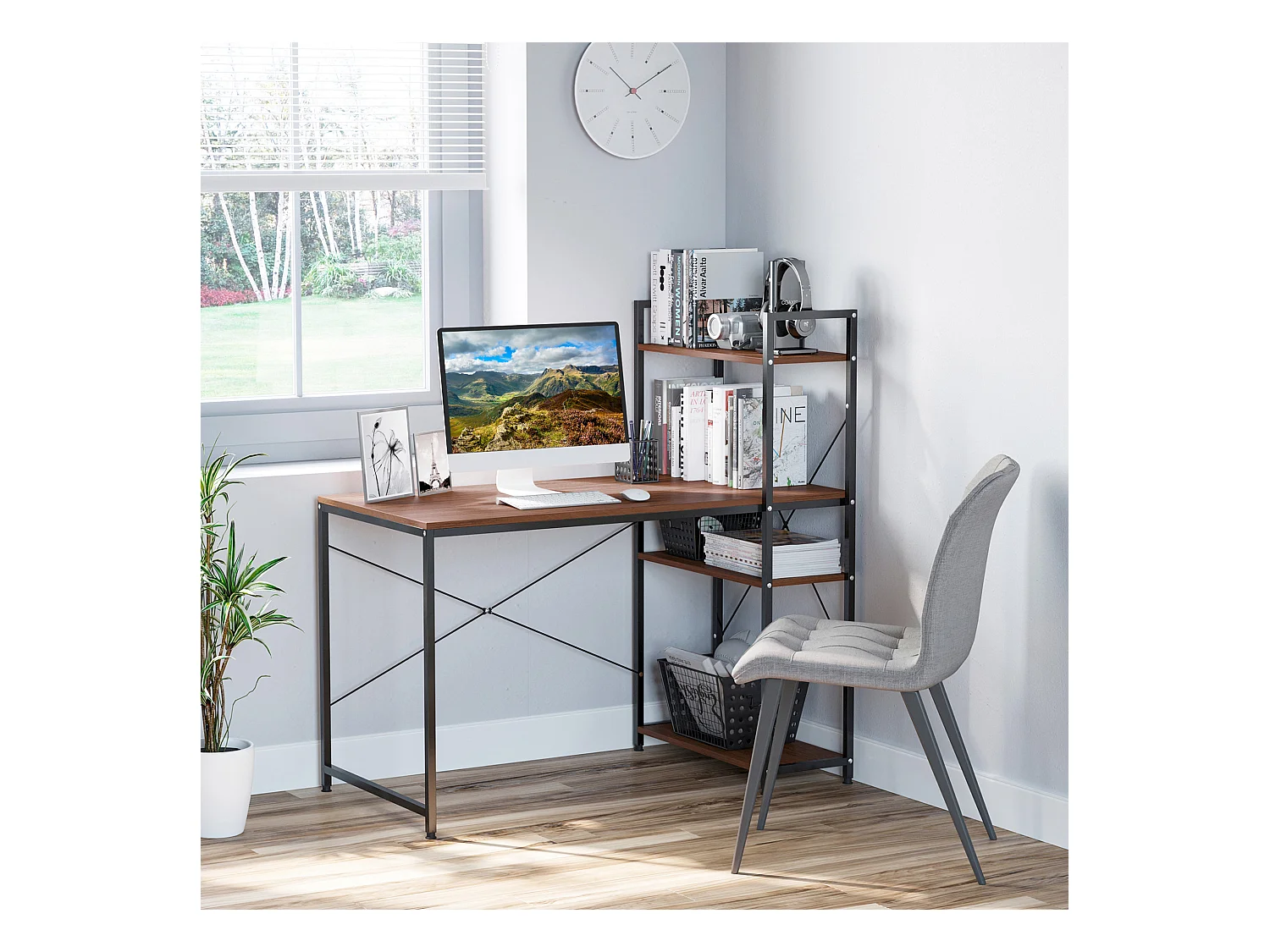 Bureau informatique design industriel avec bibliothèque 3 étagères panneaux particules aspect noyer métal noir