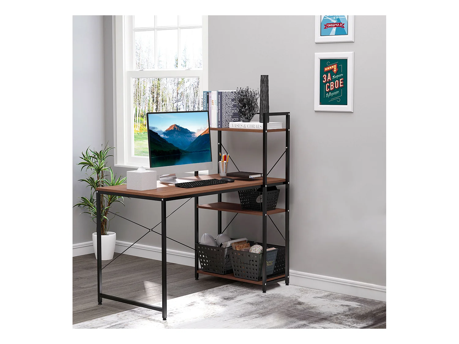 Bureau informatique design industriel avec bibliothèque 3 étagères panneaux particules aspect noyer métal noir