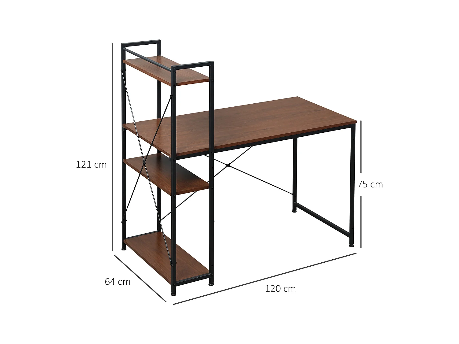 Bureau informatique design industriel avec bibliothèque 3 étagères panneaux particules aspect noyer métal noir