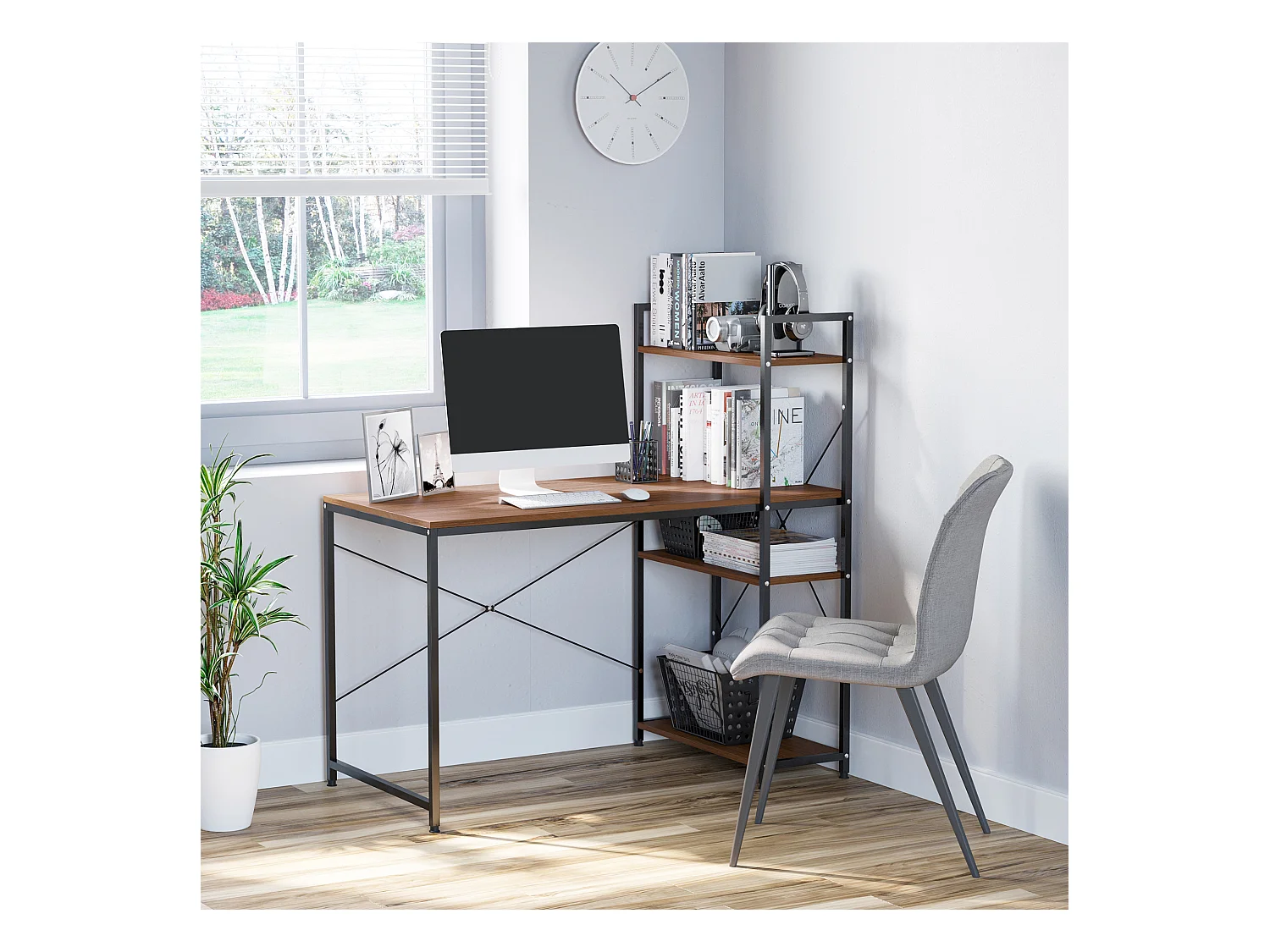 Bureau informatique design industriel avec bibliothèque 3 étagères panneaux particules aspect noyer métal noir