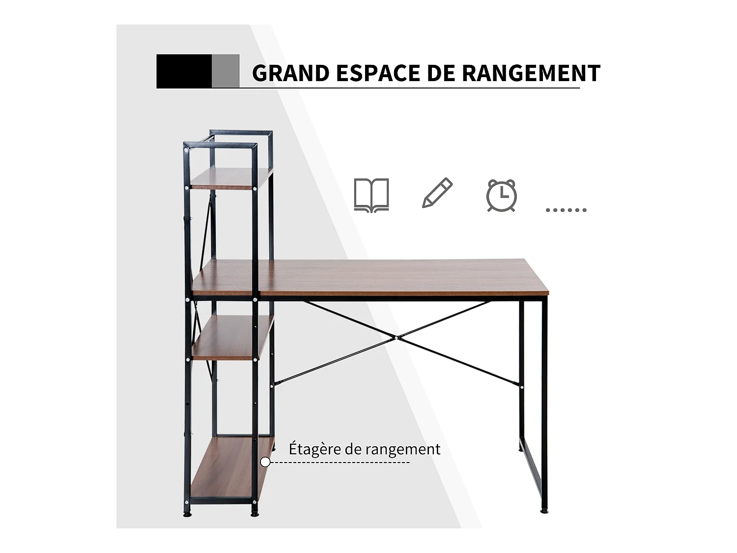 Bureau informatique design industriel avec bibliothèque 3 étagères panneaux particules aspect noyer métal noir