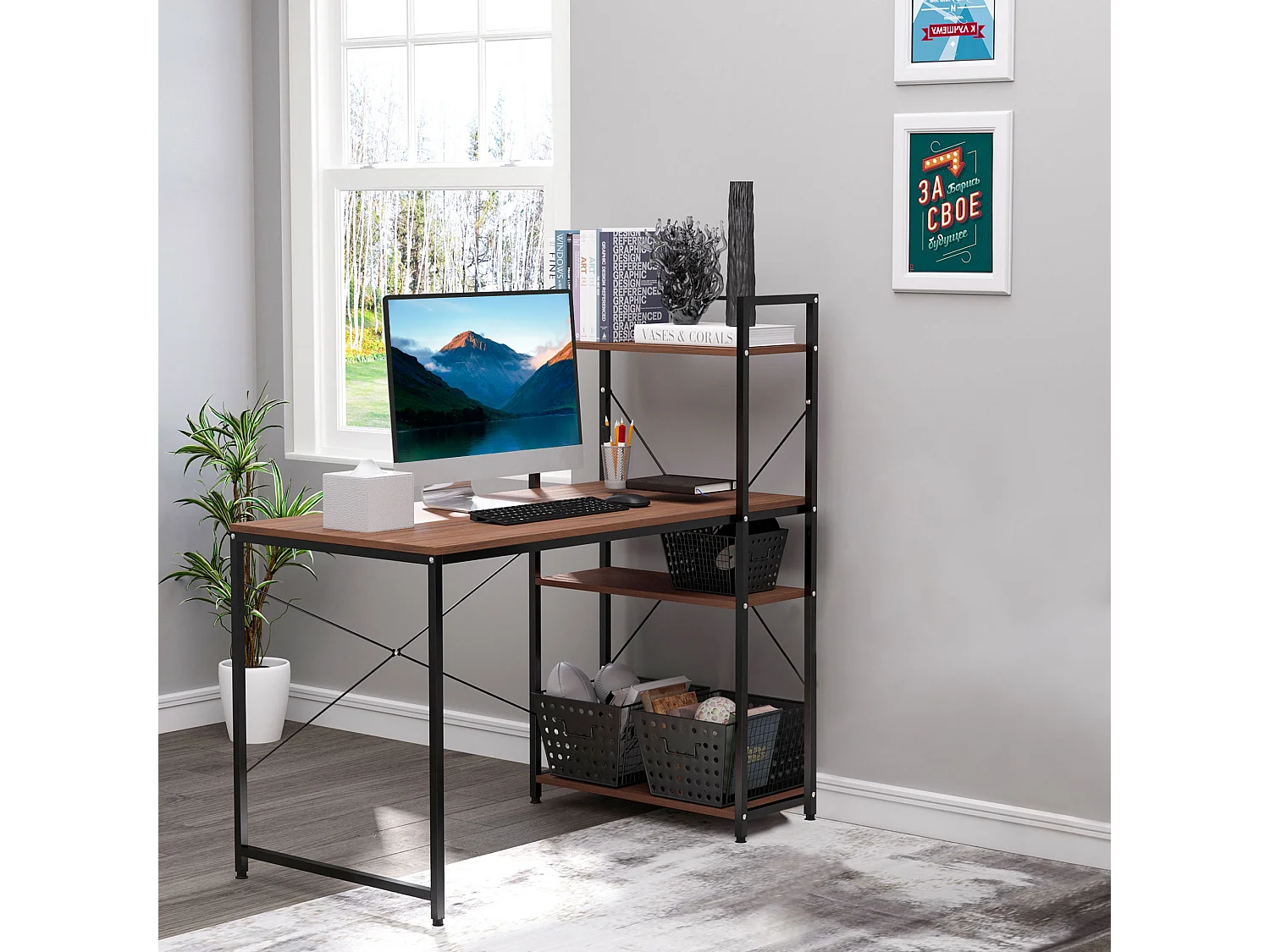 Bureau informatique design industriel avec bibliothèque 3 étagères panneaux particules aspect noyer métal noir