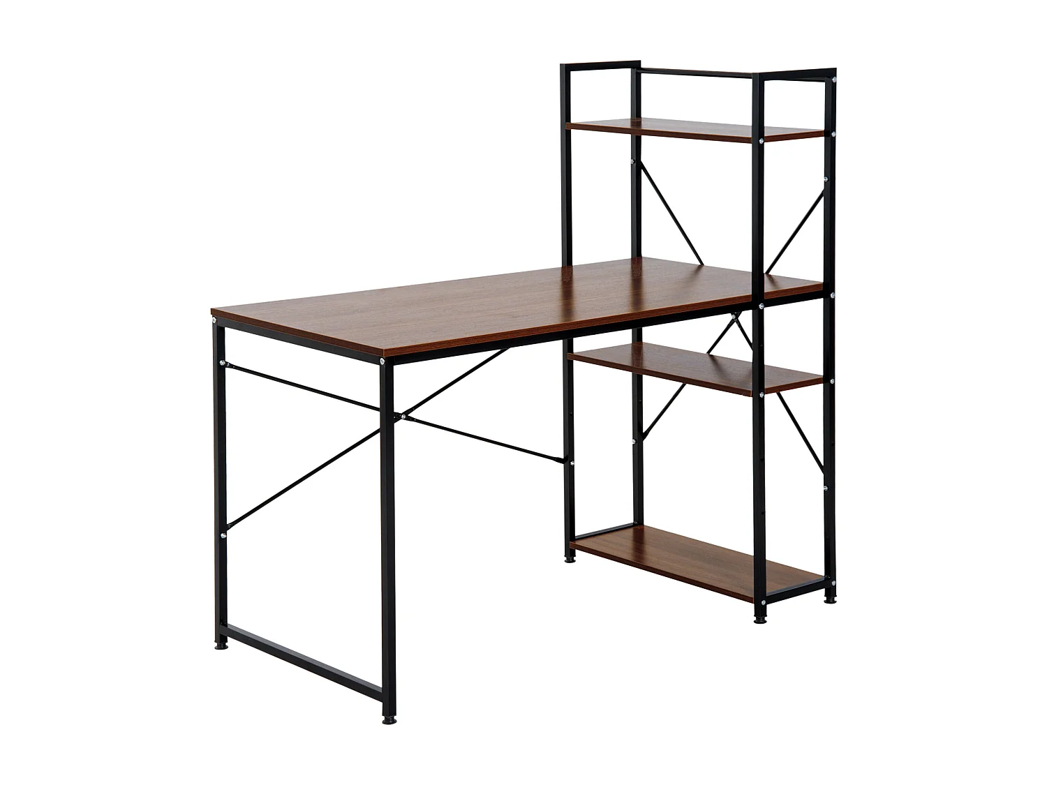 Bureau informatique design industriel avec bibliothèque 3 étagères panneaux particules aspect noyer métal noir