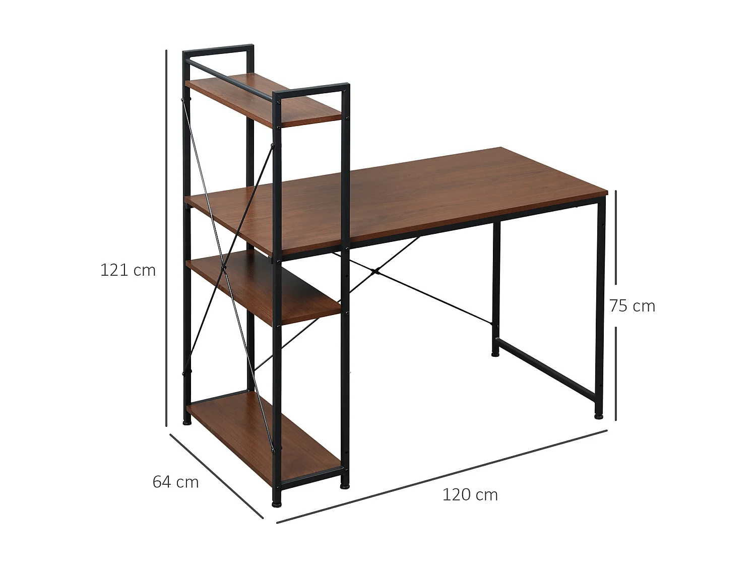 Bureau informatique design industriel avec bibliothèque 3 étagères panneaux particules aspect noyer métal noir