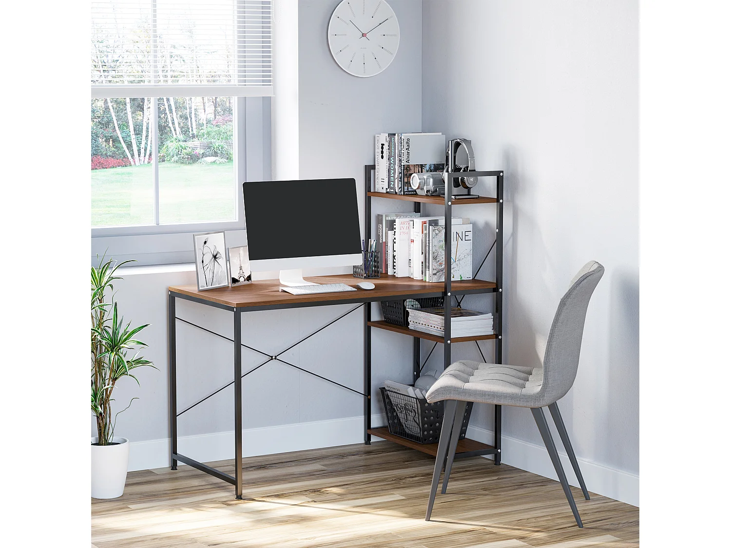 Bureau informatique design industriel avec bibliothèque 3 étagères panneaux particules aspect noyer métal noir