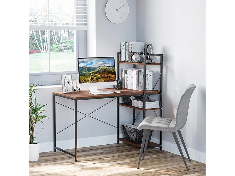 Bureau informatique design industriel avec bibliothèque 3 étagères panneaux particules aspect noyer métal noir