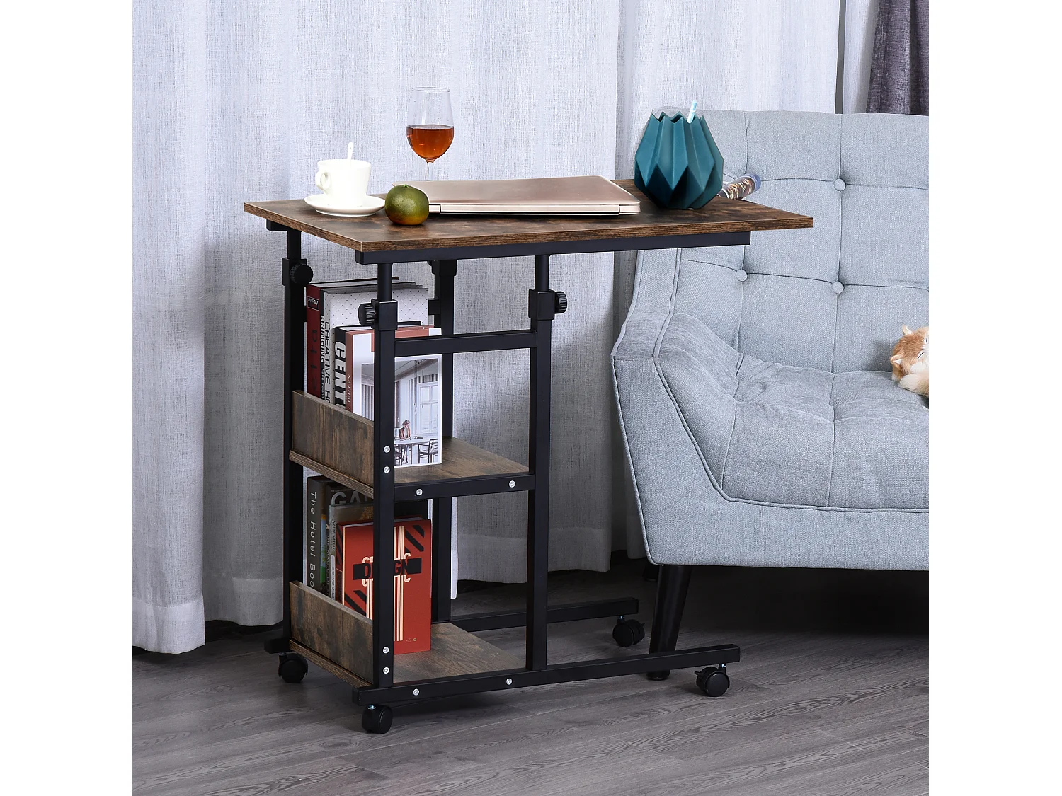 Table de lit/fauteuil - table roulante - hauteur réglable - 2 étagères intégrées - panneaux particules E1 aspect bois métal noir