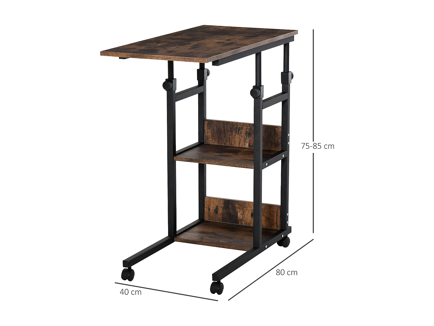 Table de lit/fauteuil - table roulante - hauteur réglable - 2 étagères intégrées - panneaux particules E1 aspect bois métal noir