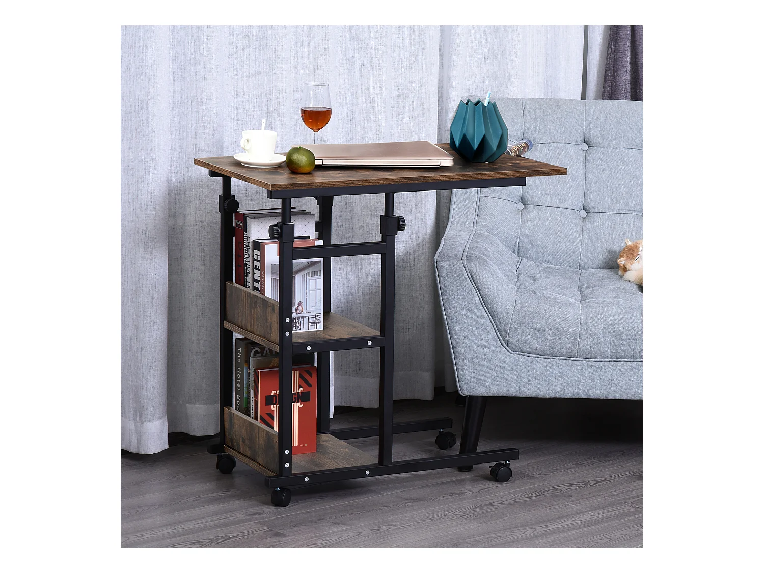 Table de lit/fauteuil - table roulante - hauteur réglable - 2 étagères intégrées - panneaux particules E1 aspect bois métal noir
