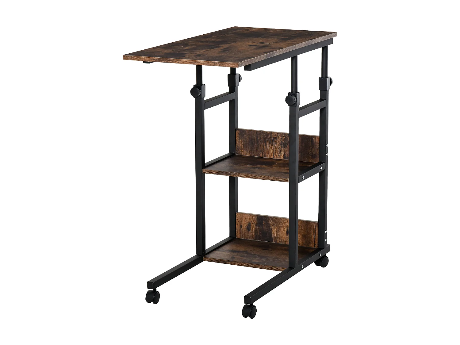 Table de lit/fauteuil - table roulante - hauteur réglable - 2 étagères intégrées - panneaux particules E1 aspect bois métal noir