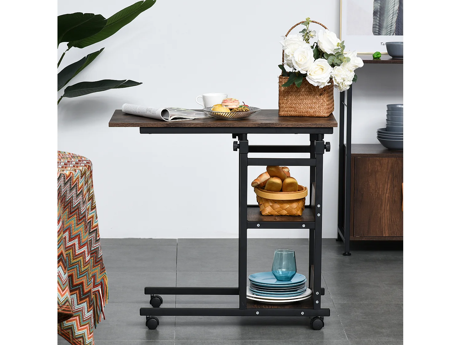 Table de lit/fauteuil - table roulante - hauteur réglable - 2 étagères intégrées - panneaux particules E1 aspect bois métal noir