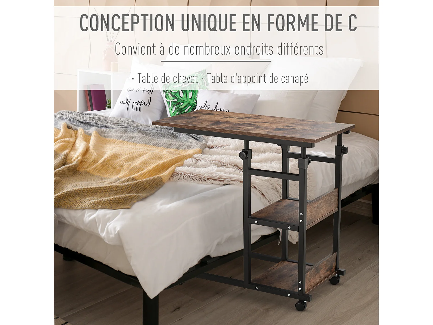 Table de lit/fauteuil - table roulante - hauteur réglable - 2 étagères intégrées - panneaux particules E1 aspect bois métal noir