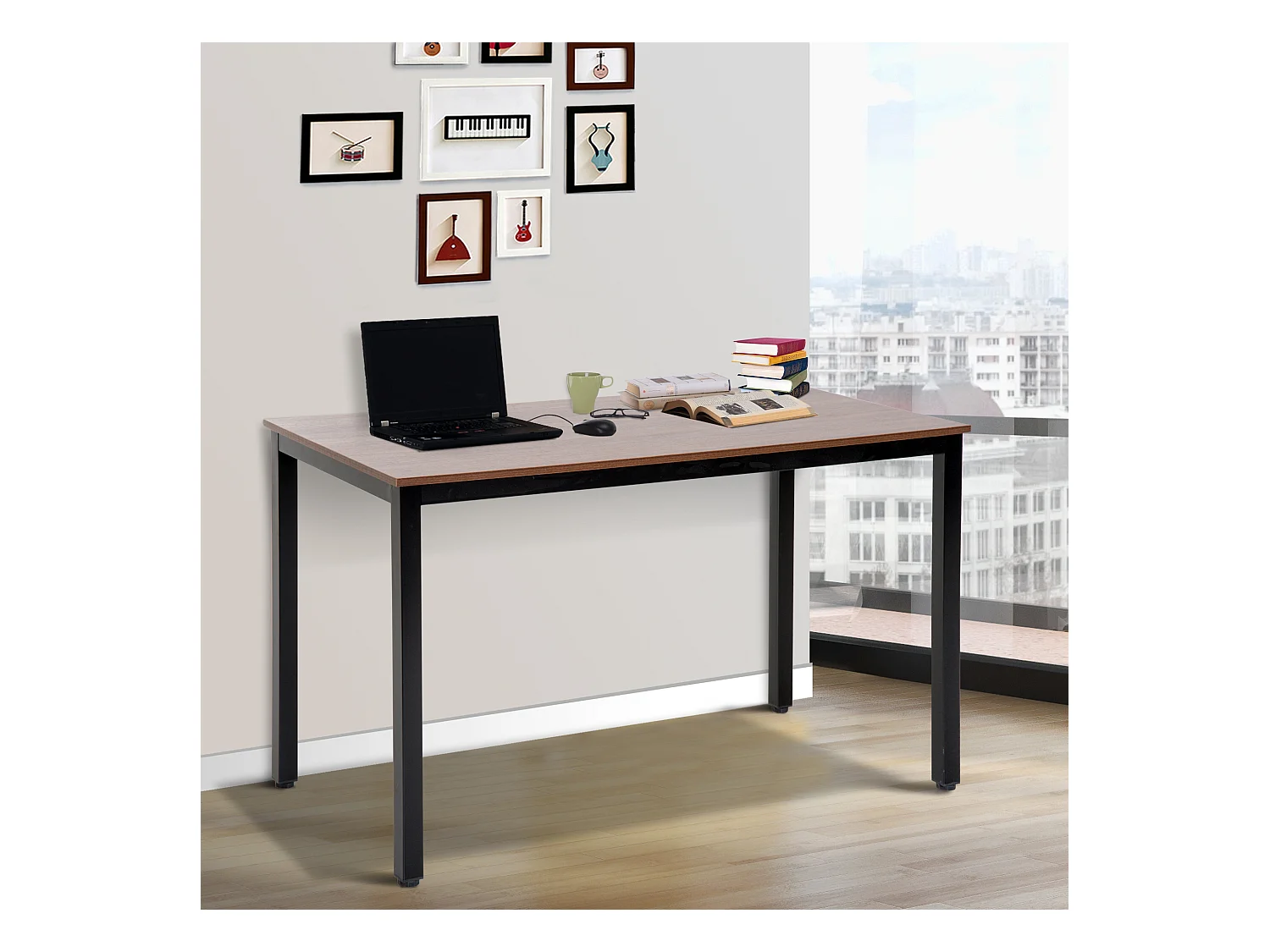 Table bureau informatique grand plateau 120L x 60l x 74H cm panneaux particules noyer métal noir