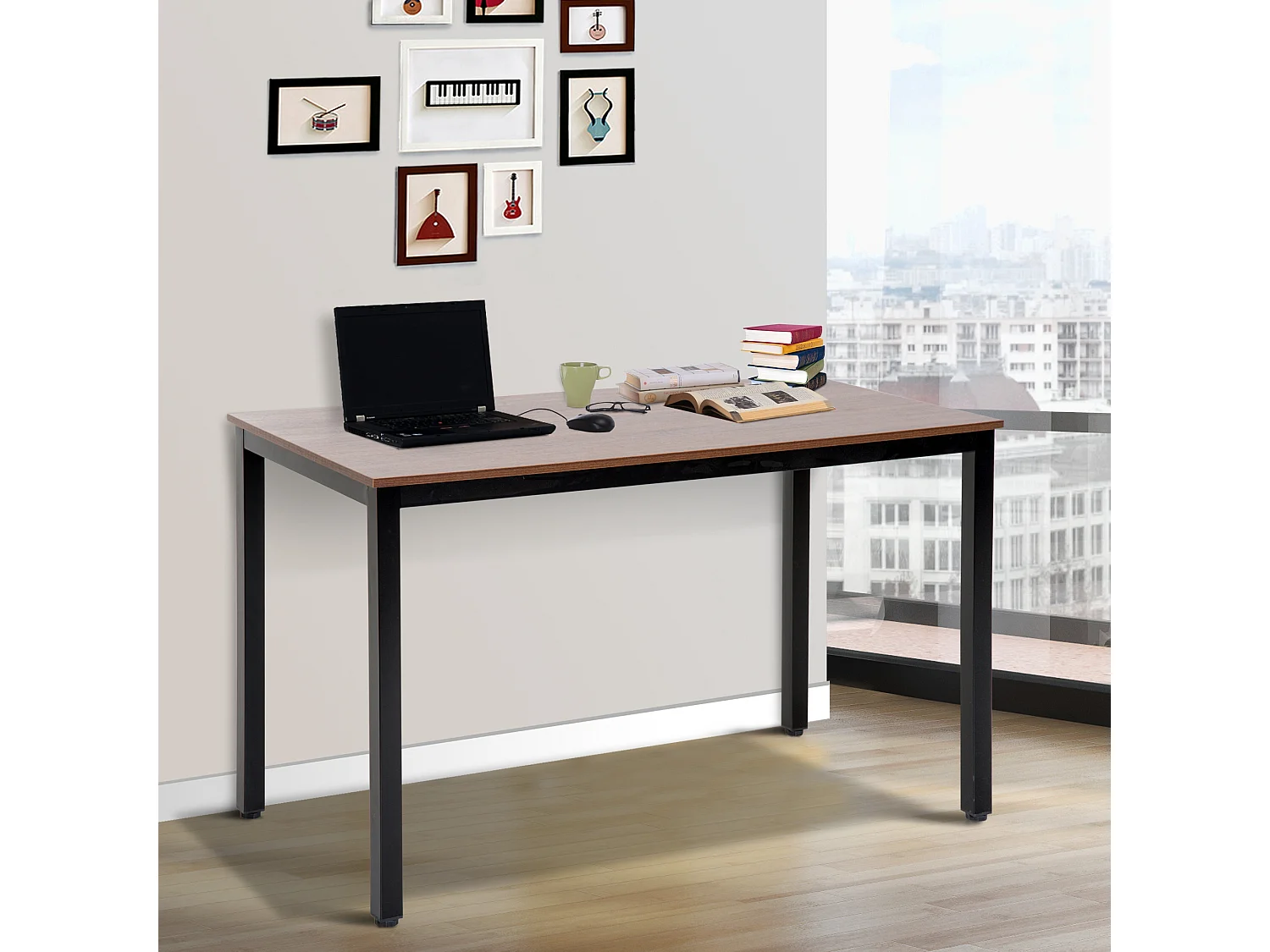 Table bureau informatique grand plateau 120L x 60l x 74H cm panneaux particules noyer métal noir
