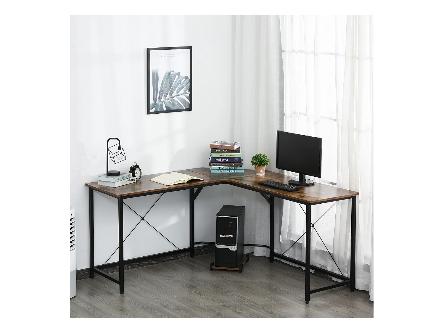 Bureau informatique design industriel bureau d'angle support CPU aspect vieux bois métal noir
