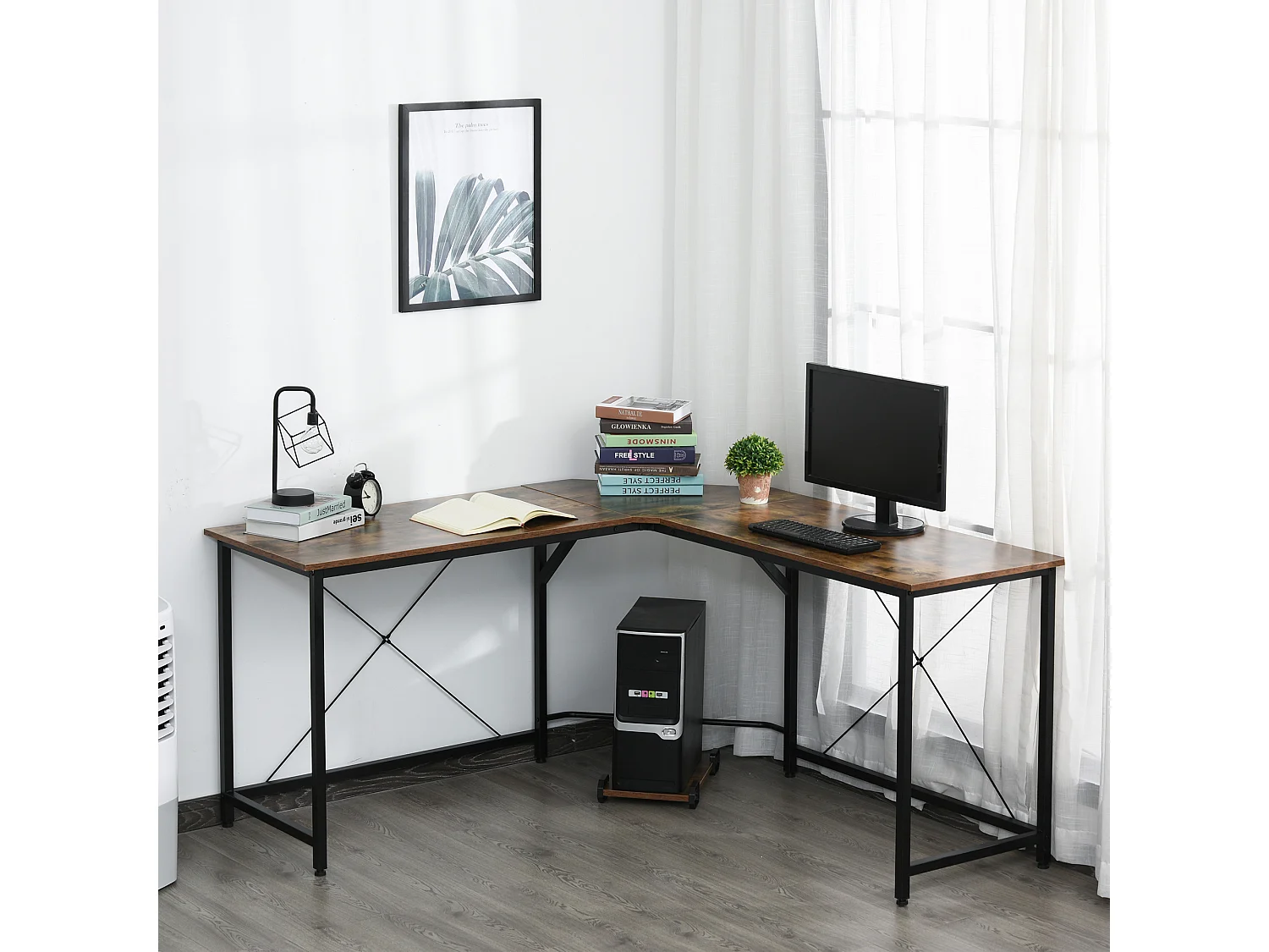 Bureau informatique design industriel bureau d'angle support CPU aspect vieux bois métal noir