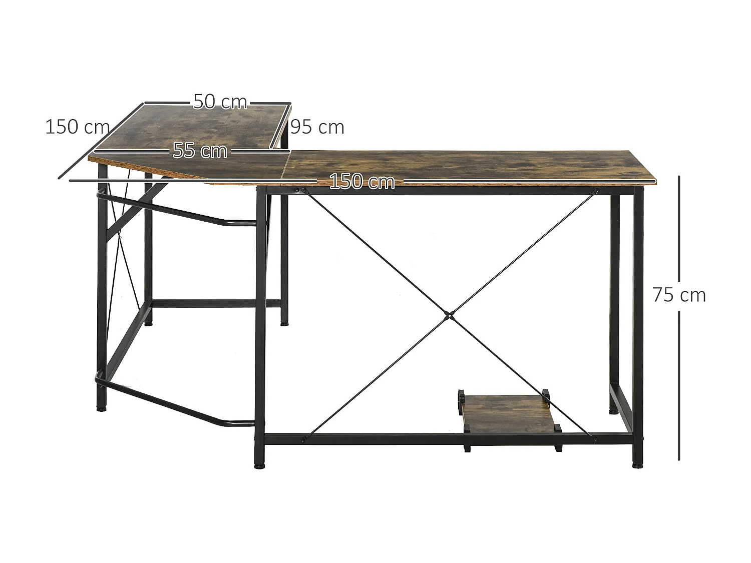 Bureau informatique design industriel bureau d'angle support CPU aspect vieux bois métal noir