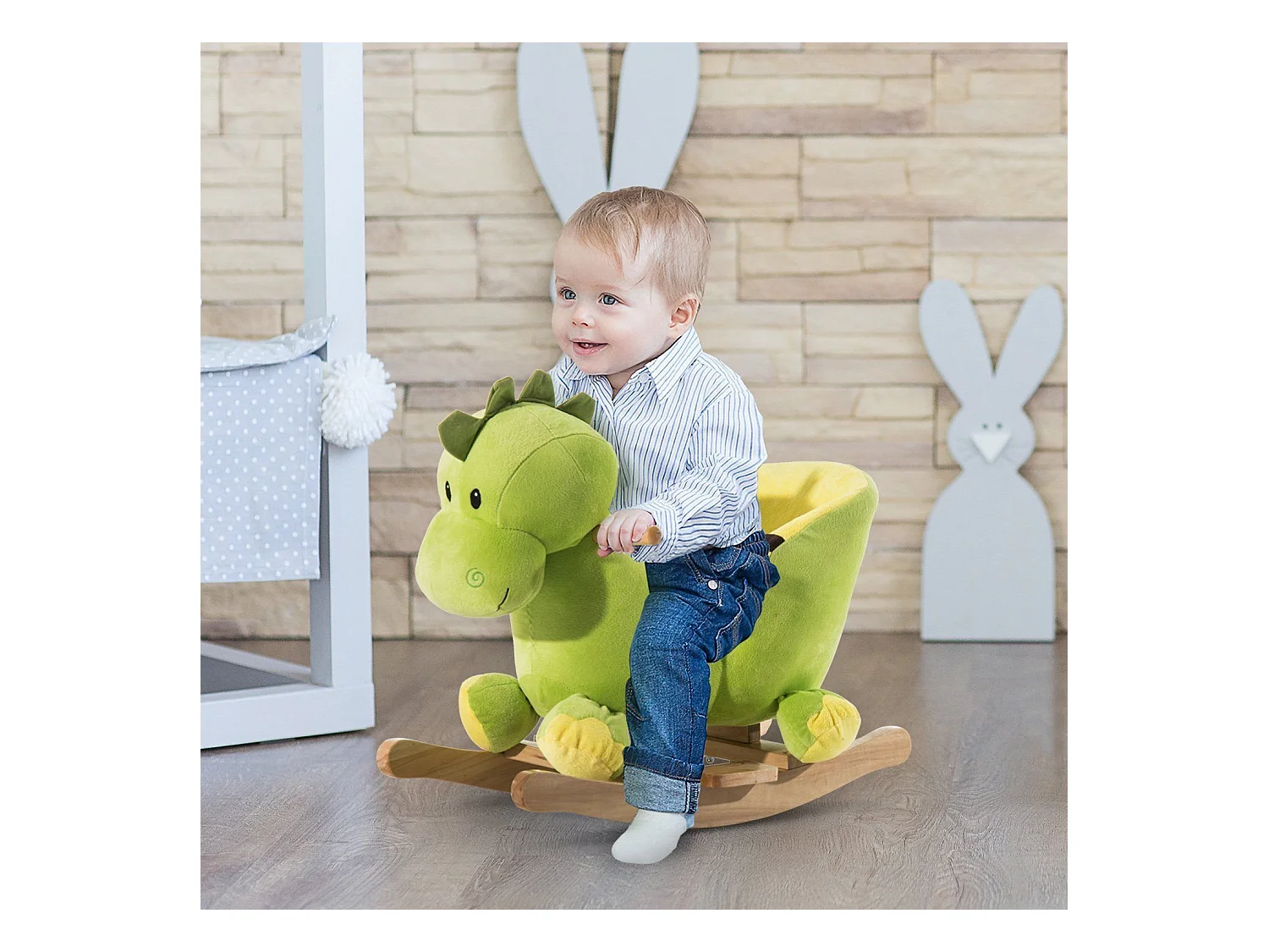 Jouet à bascule dinosaure ceinture de sécurité effet sonore 32 chansons bois peluche verte