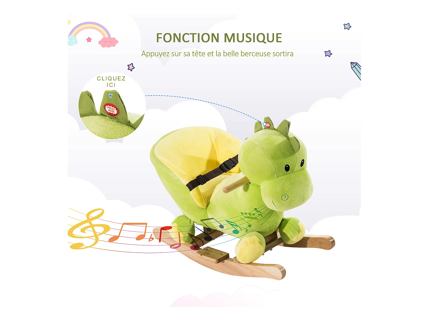 Jouet à bascule dinosaure ceinture de sécurité effet sonore 32 chansons bois peluche verte