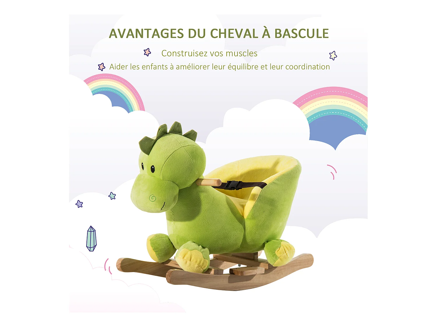 Jouet à bascule dinosaure ceinture de sécurité effet sonore 32 chansons bois peluche verte