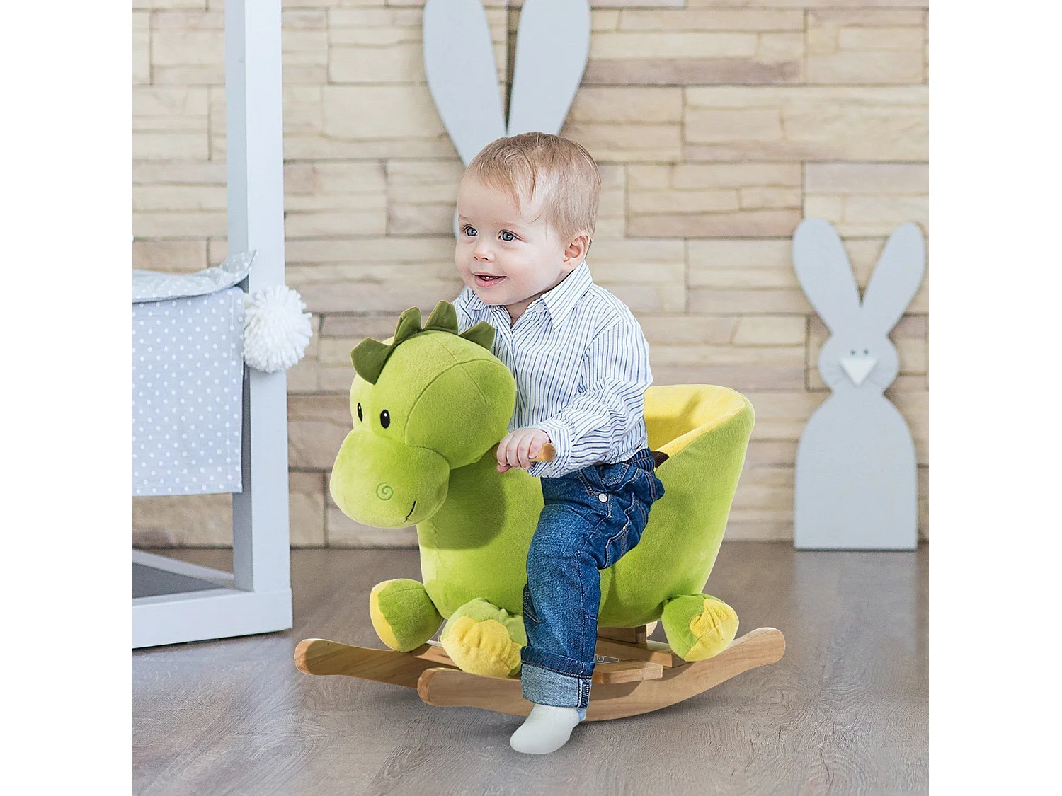 Jouet à bascule dinosaure ceinture de sécurité effet sonore 32 chansons bois peluche verte