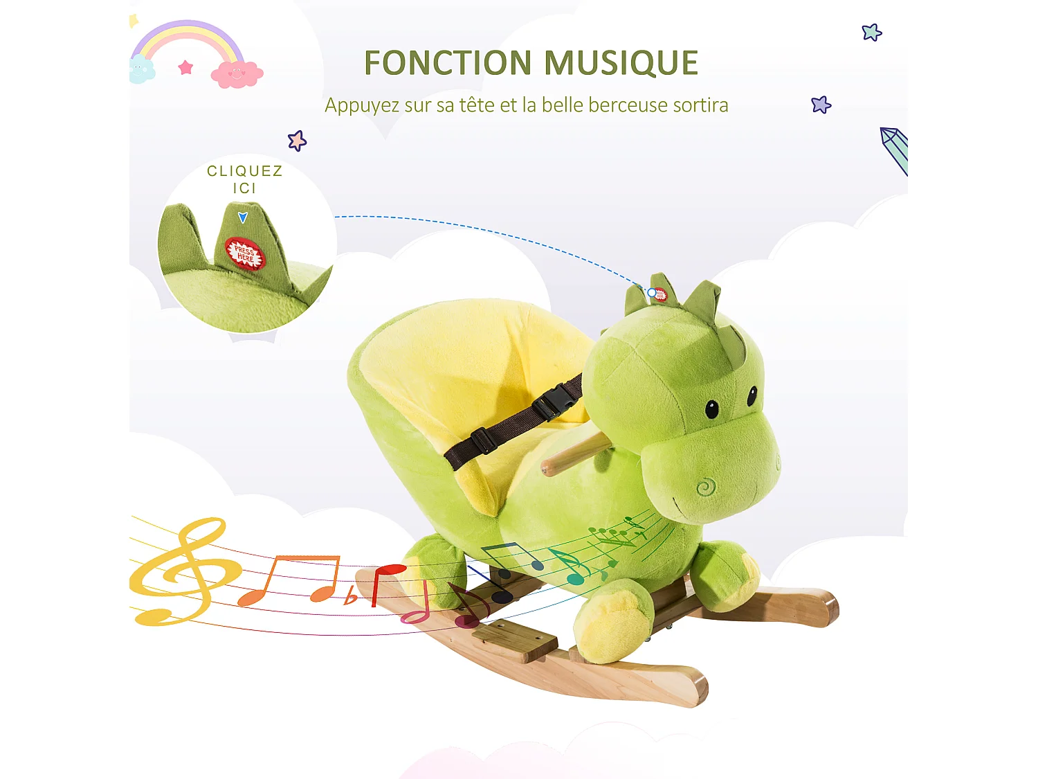 Jouet à bascule dinosaure ceinture de sécurité effet sonore 32 chansons bois peluche verte