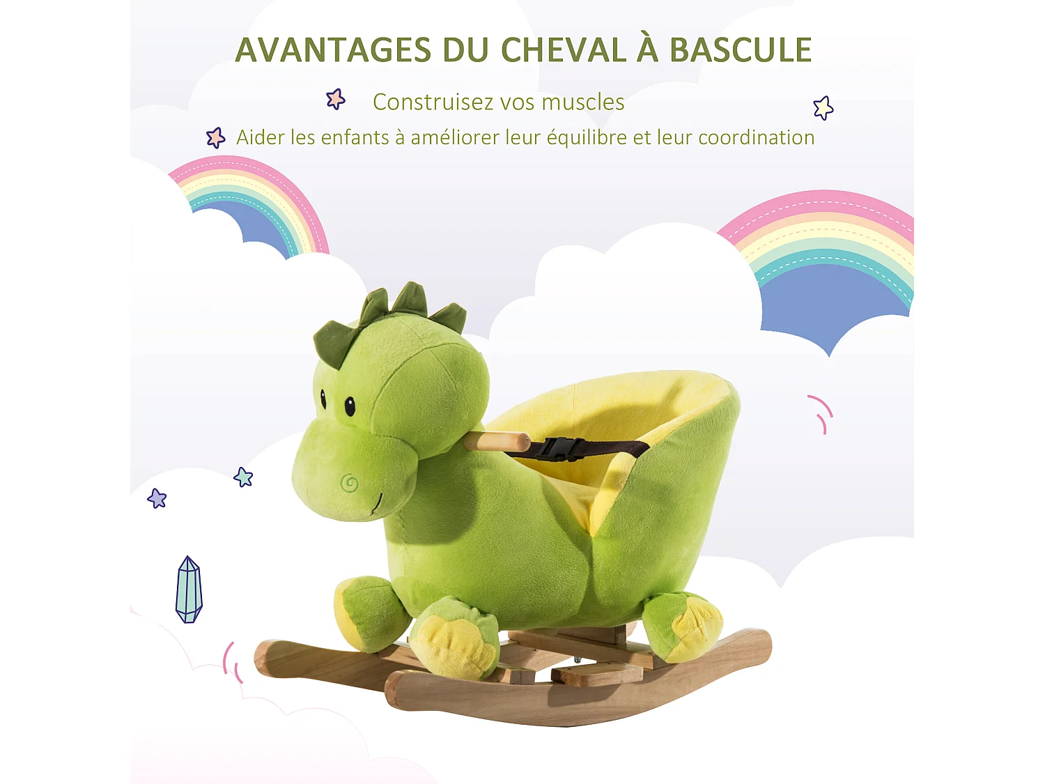 Jouet à bascule dinosaure ceinture de sécurité effet sonore 32 chansons bois peluche verte