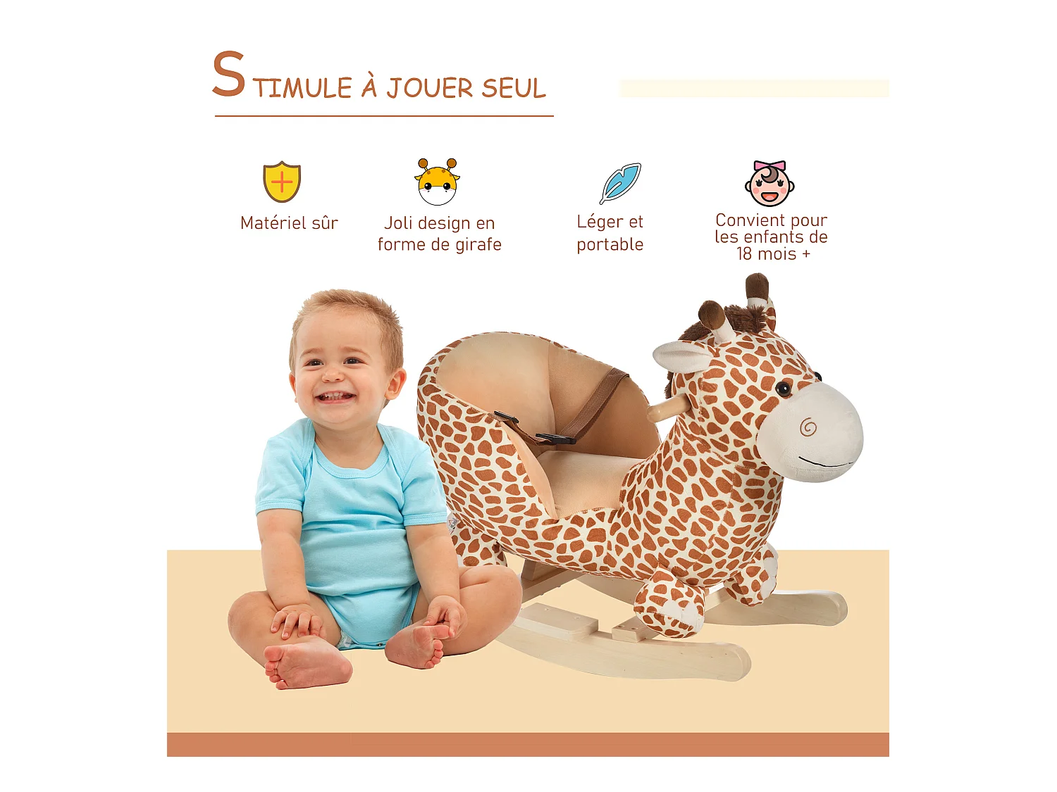 Jouet à bascule modèle girafon ceinture de sécurité fonction musicale 32 pistes marron beige