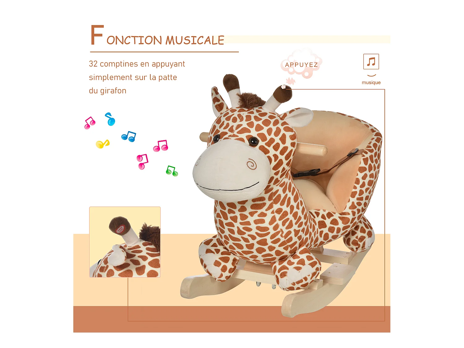 Jouet à bascule modèle girafon ceinture de sécurité fonction musicale 32 pistes marron beige