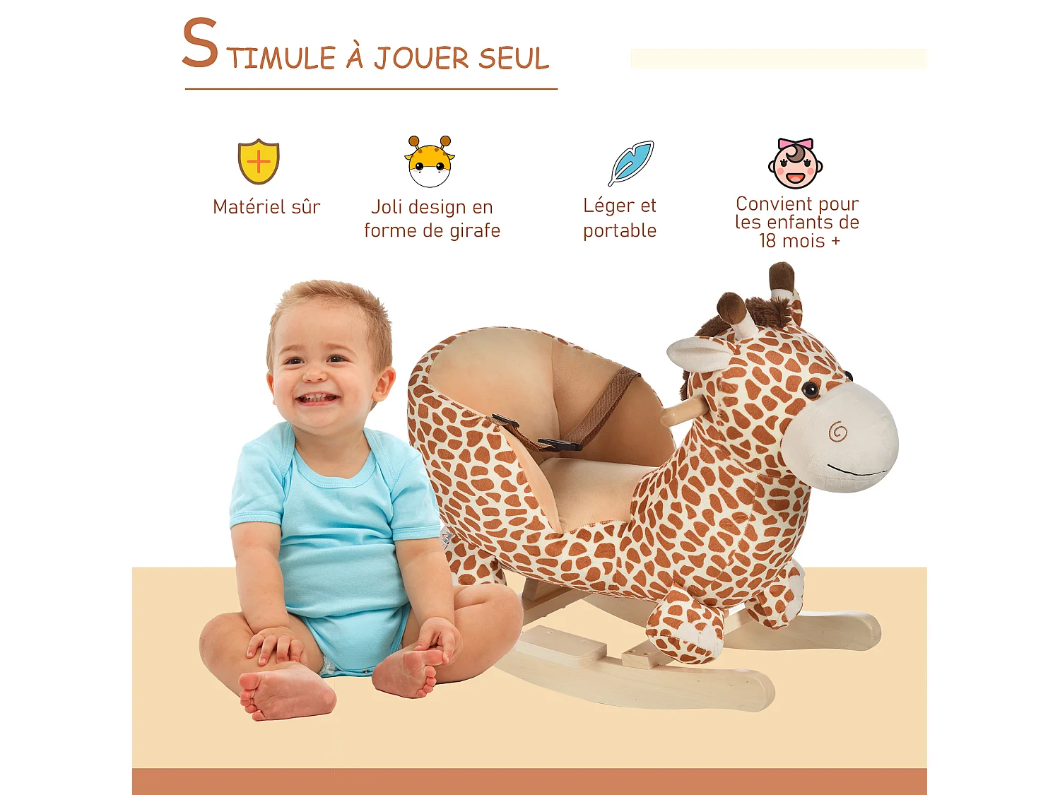 Jouet à bascule modèle girafon ceinture de sécurité fonction musicale 32 pistes marron beige