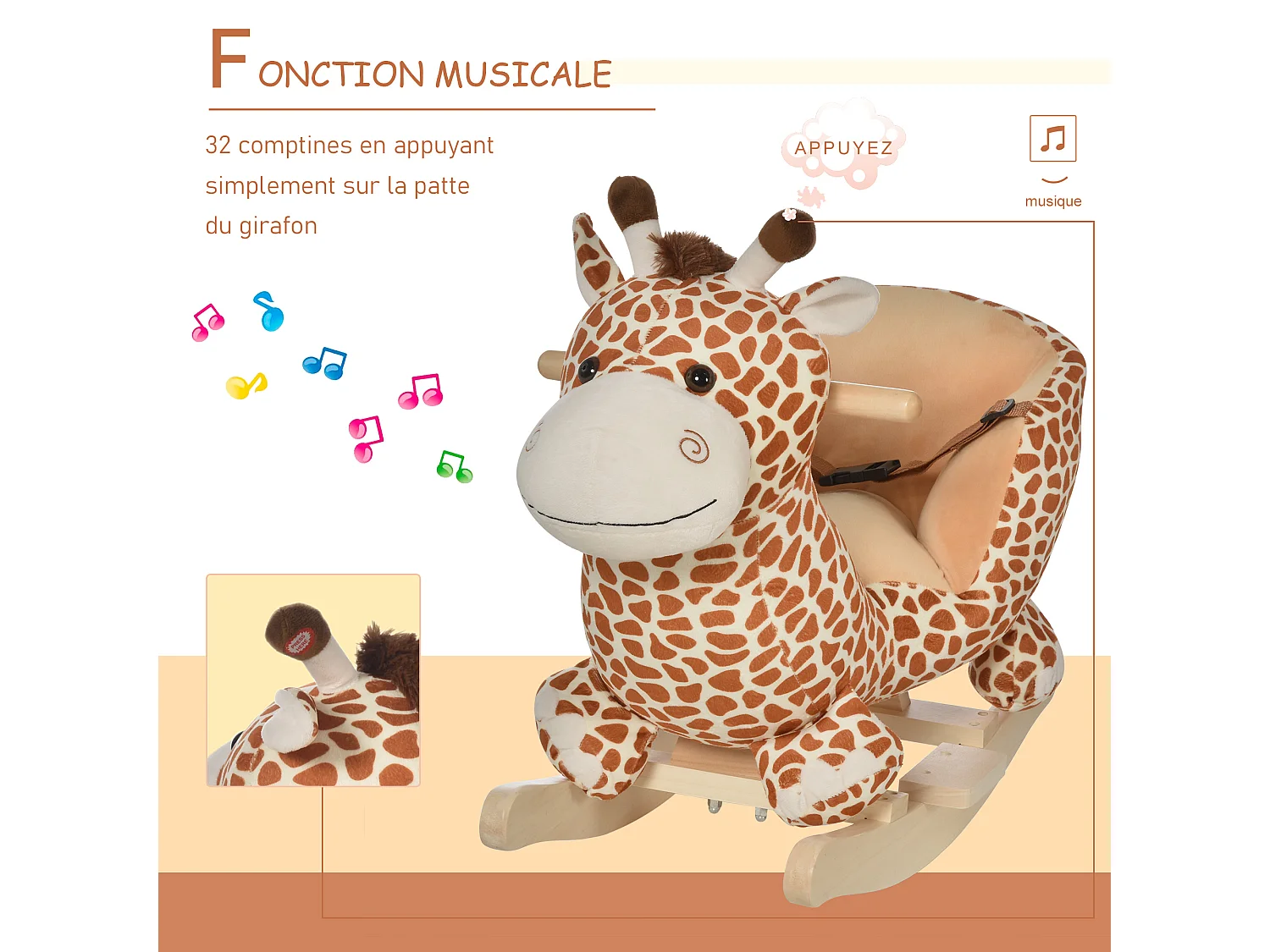 Jouet à bascule modèle girafon ceinture de sécurité fonction musicale 32 pistes marron beige