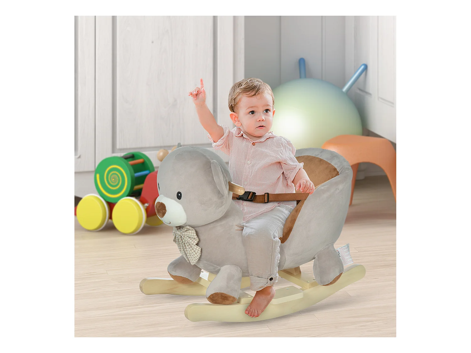 Cheval à bascule jouet à bascule ourson fauteuil intégré ceinture de sécurité fonction sonore grognement gris marron