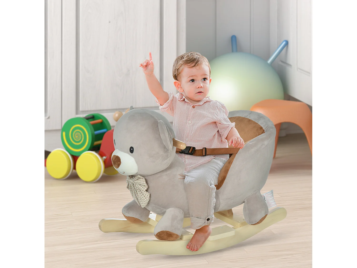 Cheval à bascule jouet à bascule ourson fauteuil intégré ceinture de sécurité fonction sonore grognement gris marron