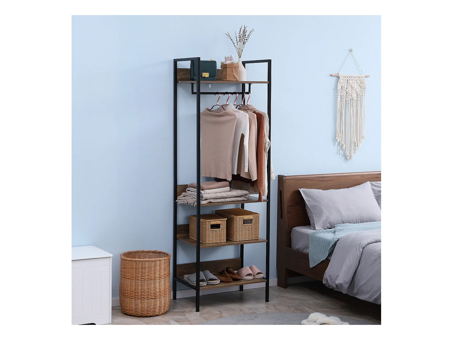 Penderie portant à vêtements style industriel 4 étagères barre penderie métal noir panneaux aspect bois