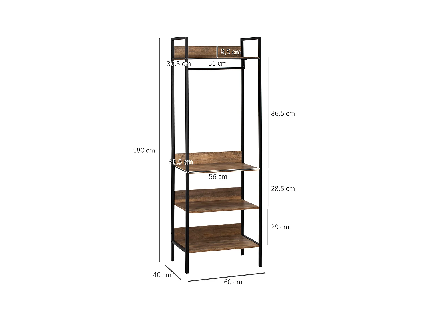 Penderie portant à vêtements style industriel 4 étagères barre penderie métal noir panneaux aspect bois