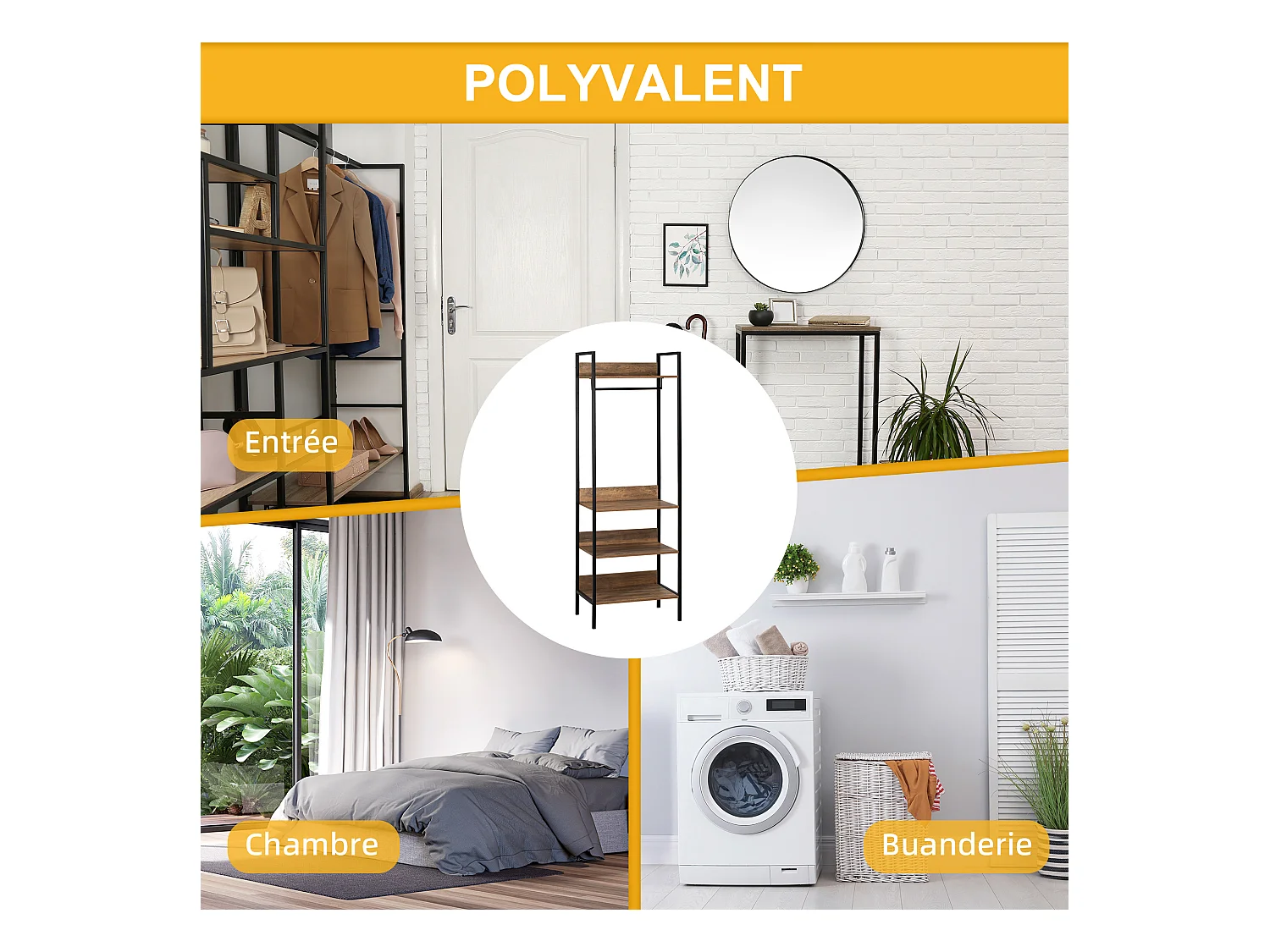 Penderie portant à vêtements style industriel 4 étagères barre penderie métal noir panneaux aspect bois