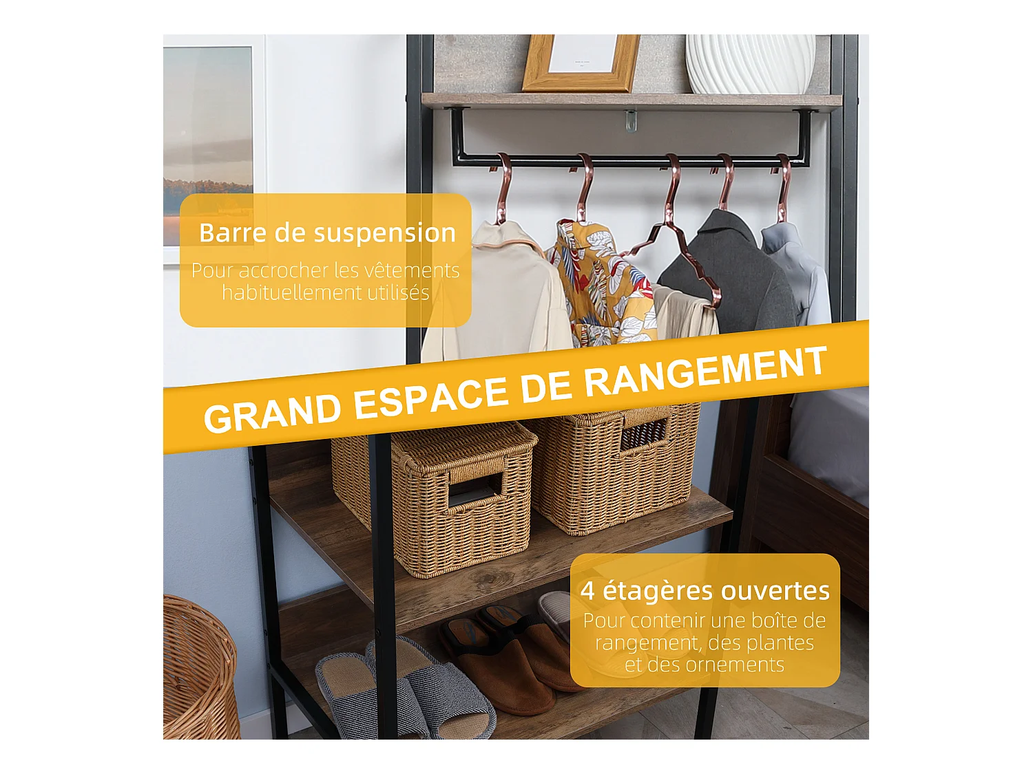 Penderie portant à vêtements style industriel 4 étagères barre penderie métal noir panneaux aspect bois