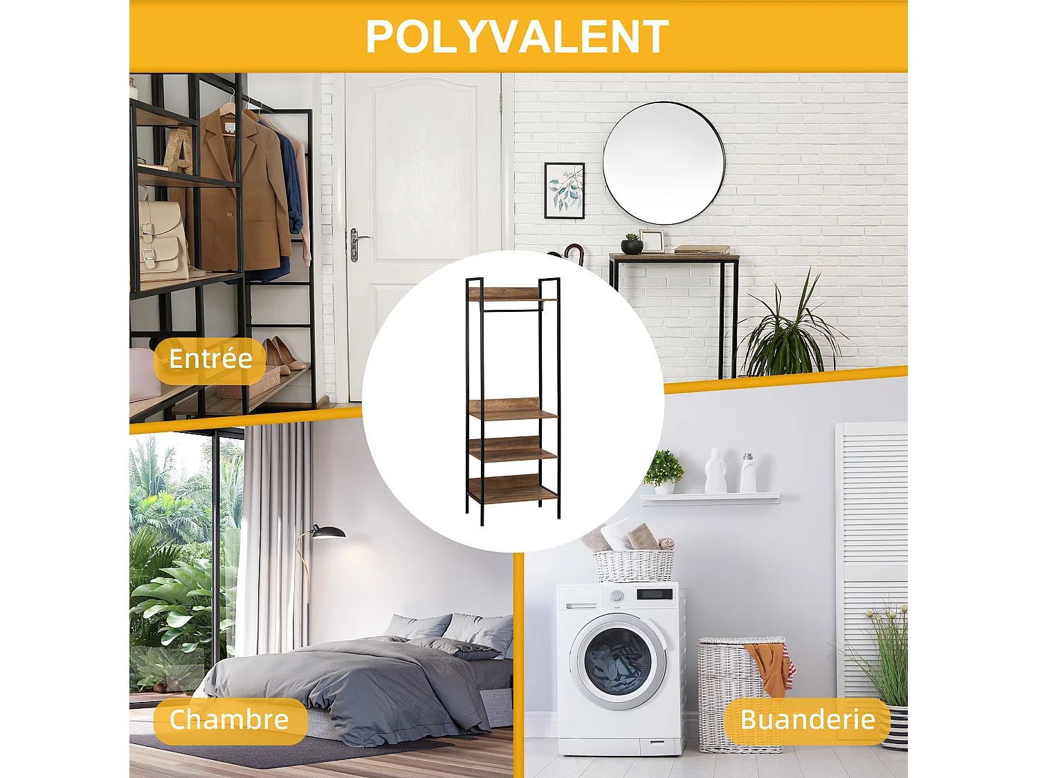 Penderie portant à vêtements style industriel 4 étagères barre penderie métal noir panneaux aspect bois