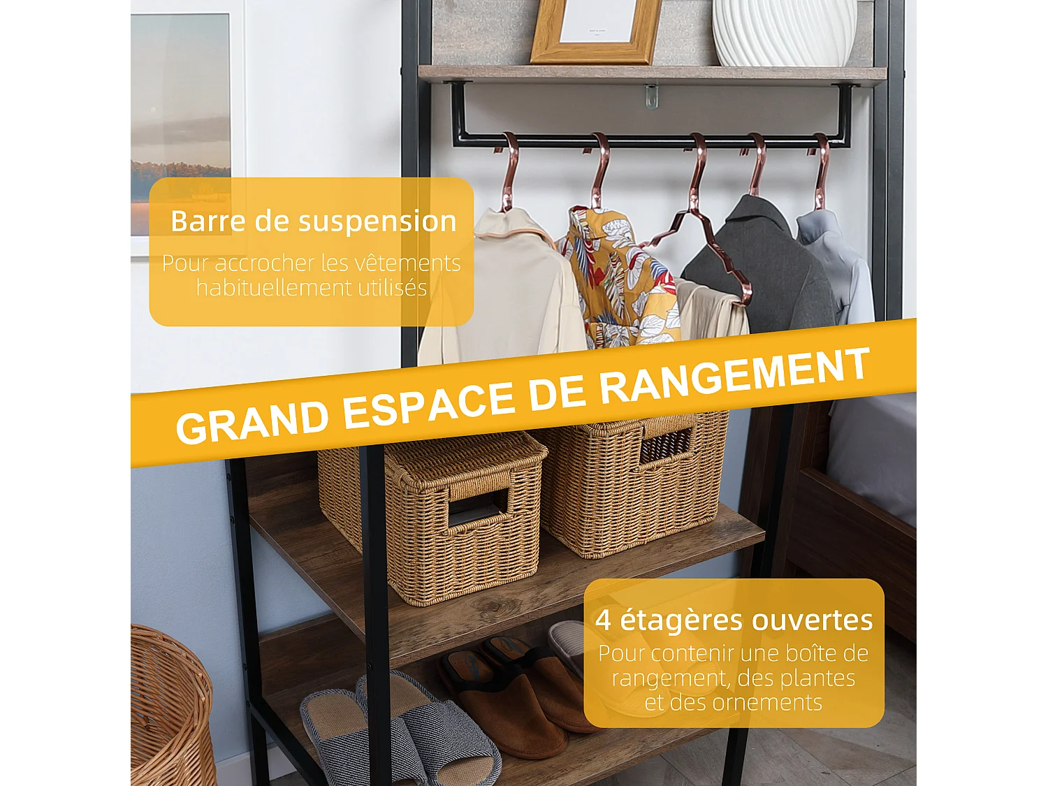 Penderie portant à vêtements style industriel 4 étagères barre penderie métal noir panneaux aspect bois