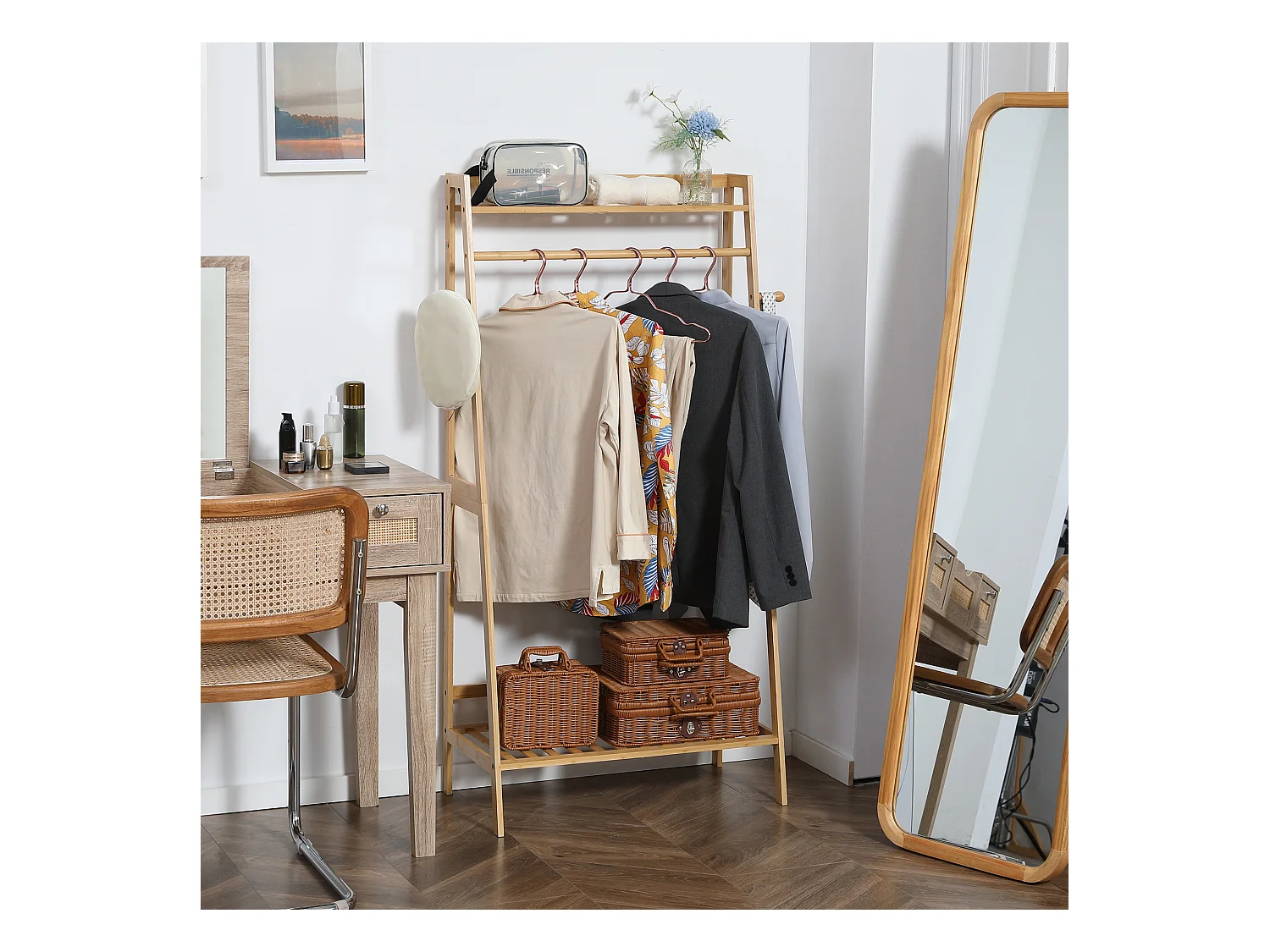 Penderie porte-manteaux - 2 étagères, espace penderie, 2 patères - dim. 82L x 36l x 140H cm - bois bambou